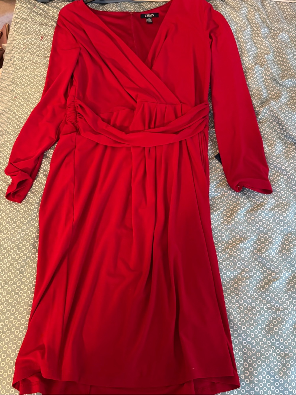 Chaps Red Faux-Wrap Long Sleeve Dress with Draped Waist Size Large